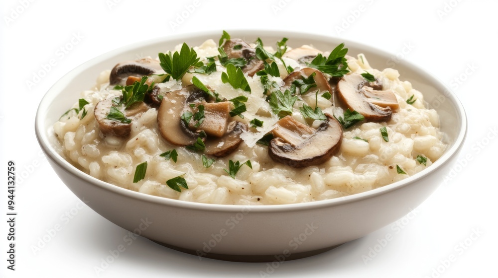 A bowl of creamy risotto with mushrooms and Parmesan, garnished with fresh parsley, centered on a white background for a clean, elegant look. A bowl of creamy risotto with mushrooms and Parmesan, garnished with fresh parsley, centered on a white background for a clean, elegant look.