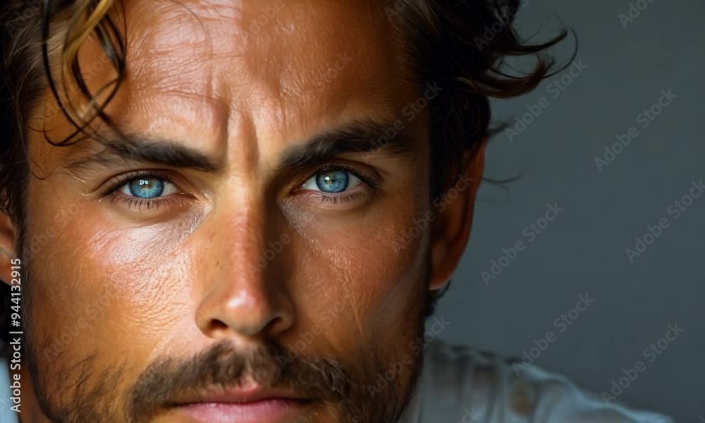 A man gazes thoughtfully, showcasing his deep blue eyes and rugged charm. Soft lighting highlights his features, creating a captivating and intimate atmosphere A man gazes thoughtfully, showcasing his deep blue eyes and rugged charm. Soft lighting highlights his features, creating a captivating and intimate atmosphere
