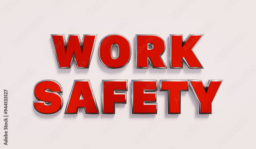 Work safety. Words in red metallic capital letters. Security, protection, shield. 3D illustration Work safety. Words in red metallic capital letters. Security, protection, shield. 3D illustration