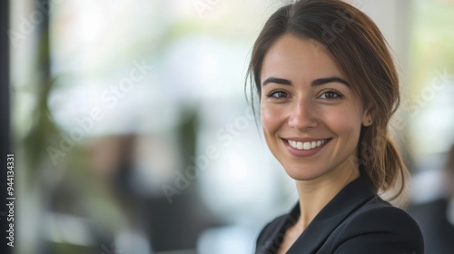A businesswoman with a friendly, approachable smile, wearing business attire, captured in a well-lit office setting with her face clearly in focus.