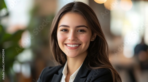A businesswoman with a friendly, approachable smile, wearing business attire, captured in a well-lit office setting with her face clearly in focus.