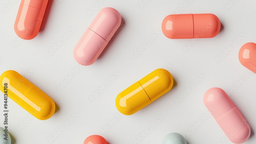 Set of different colored capsules, arranged in a pattern, minimalistic design, on a futuristic white surface, subtle reflections, soft focus Set of different colored capsules, arranged in a pattern, minimalistic design, on a futuristic white surface, subtle reflections, soft focus