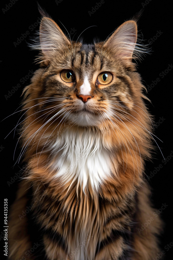 Fluffy tortoiseshell Maine Coon cat on a black background Fluffy tortoiseshell Maine Coon cat on a black background