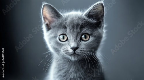 Gray kitten with delicate features and bright eyes against a monochromatic background in shades of gray, giving a sleek and modern look