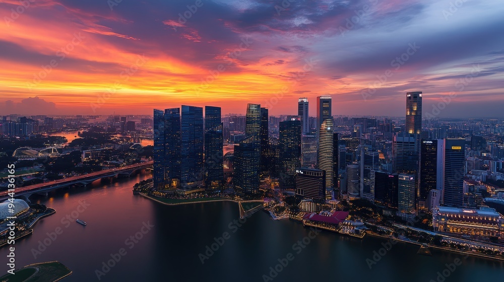 Aerial view of Singapore business district and city at twilight in Singapor Aerial view of Singapore business district and city at twilight in Singapor
