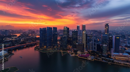 Aerial view of Singapore business district and city at twilight in Singapor