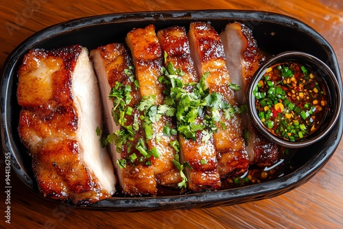 A dish of Moo Tod Krob, crispy pork belly slices served with a spicy, tangy dipping sauce photo