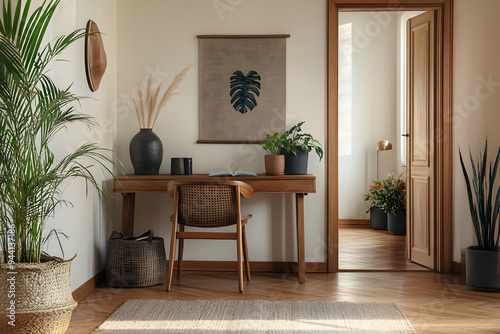 Modern home office with a minimalist design, featuring a wooden desk with decorative items, a chair, and potted plants. A doorway reveals a cozy adjoining room. Home decor. Template.