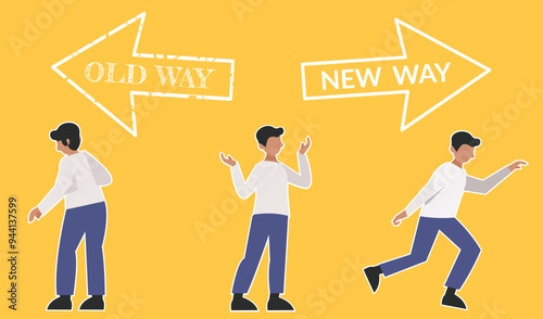 man decides to make changes with arrow old way vs new way, concept of improvement