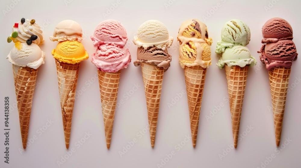 A creative layout of various ice cream cones with different flavors and toppings, artistically arranged on a smooth surface, A creative layout of various ice cream cones with different flavors and toppings, artistically arranged on a smooth surface,