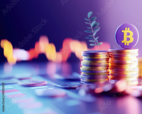 A vibrant image of stacked coins with a Bitcoin symbol and a sprouting plant, representing growth in cryptocurrency investments. photo