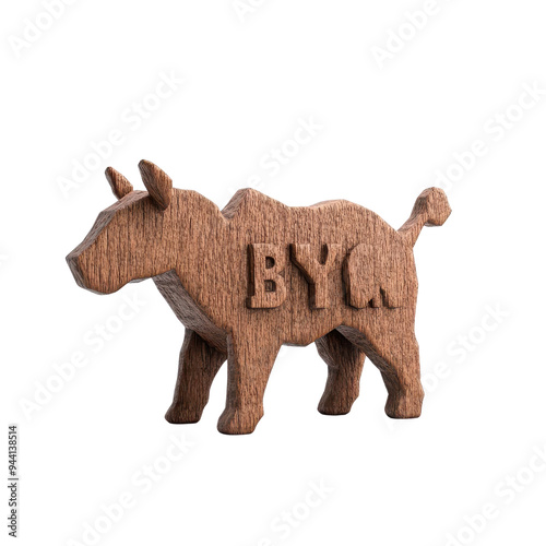 A charming wooden cow figurine with intricate details and the letters 'BYG' engraved, perfect for rustic decor and collections. photo