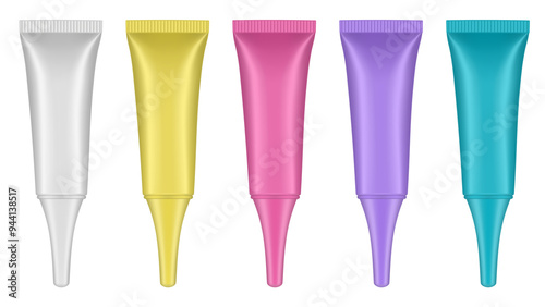 Set of tubes with long nozzle. White, yellow, pink, purple and blue tubes. Cosmetic packaging. Serum or ointment. Gel or cream. Foundation or concealer. 3d