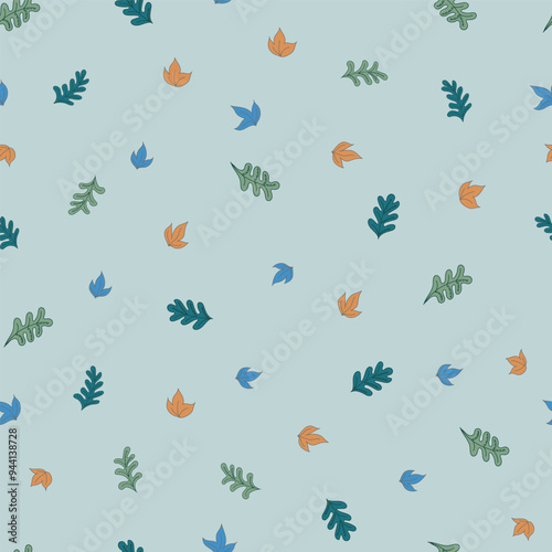 Colorful Ditsy Leaves Scattered across a Blue Background creating a seamless pattern print background