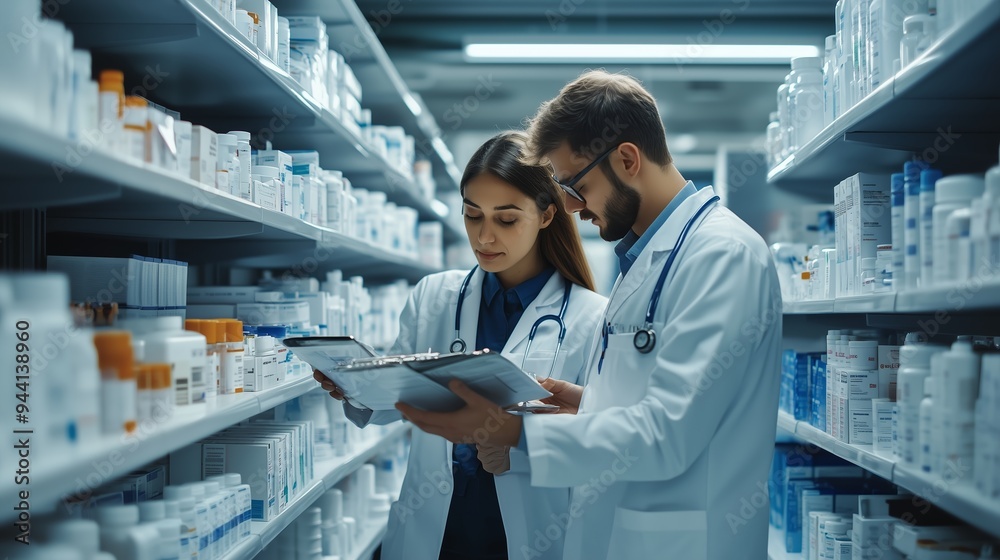 Healthcare professionals reviewing medication inventory in a modern pharmacy during daytime hours Healthcare professionals reviewing medication inventory in a modern pharmacy during daytime hours