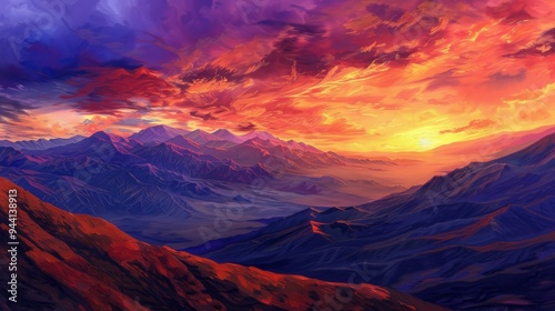 dramatic sunset over a mountain range with vibrant oranges and pinks illuminating the sky and casting long shadows on the slopes