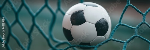 Soccer ball caught in net, symbolizing sports achievements and goals, focusing on the dynamics of a match. photo