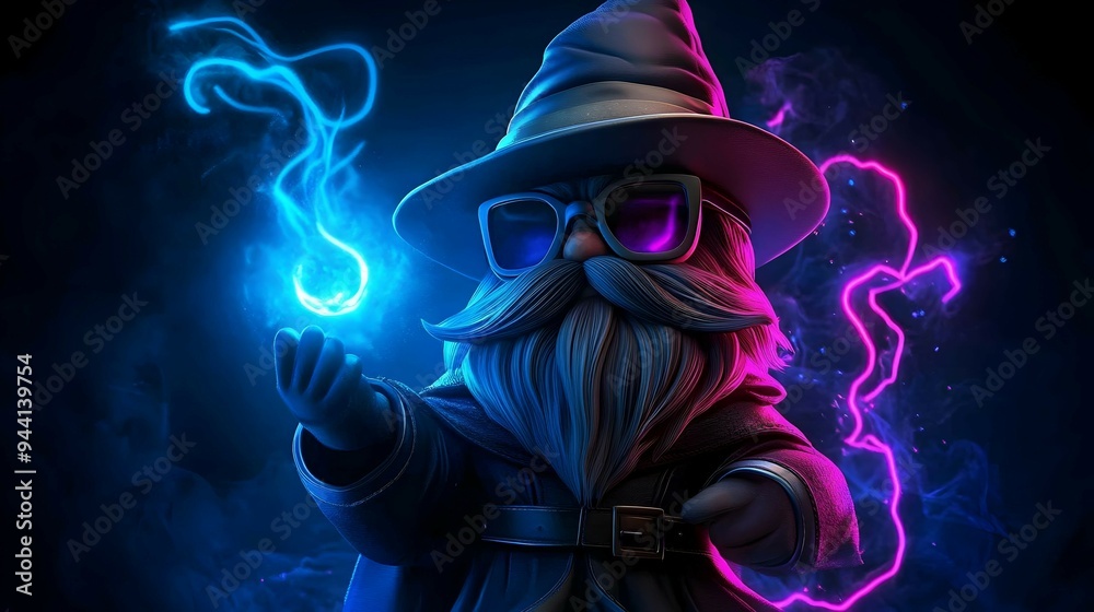 Cool Gnome Wizard with Magic and Neon Lights Cool Gnome Wizard with Magic and Neon Lights