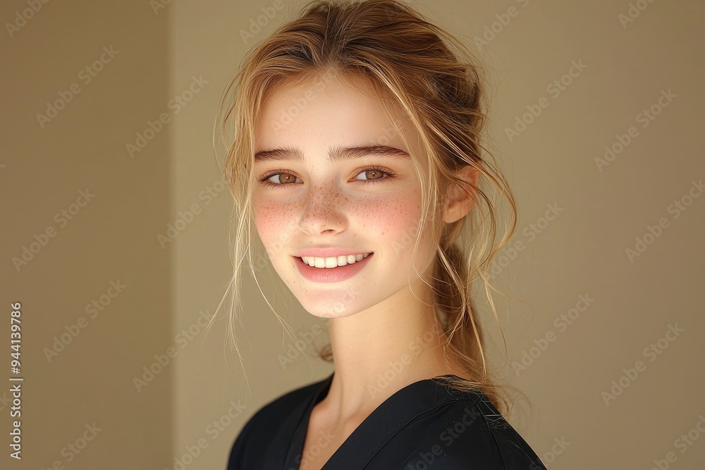 Fototapeta premium Portrait of a Beautiful Young Woman with Blonde Hair and Freckles Smiling