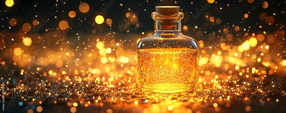 Magic Potion in Glass Bottle on Sparkly Gold Background Magic Potion in Glass Bottle on Sparkly Gold Background