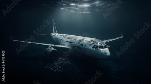 Wreckage of a contemporary passenger aircraft that is resting on the deep ocean floor due to the Bermuda Triangle's perilous conditions.
