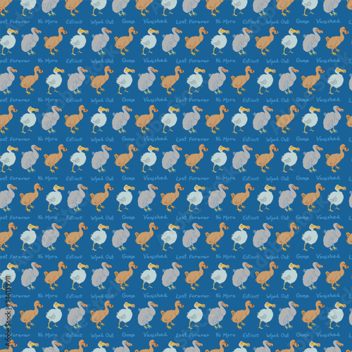 Extinct Dodo Birds Aligned in Stripes Alternating with Text on a Blue Background creating a seamless pattern print background