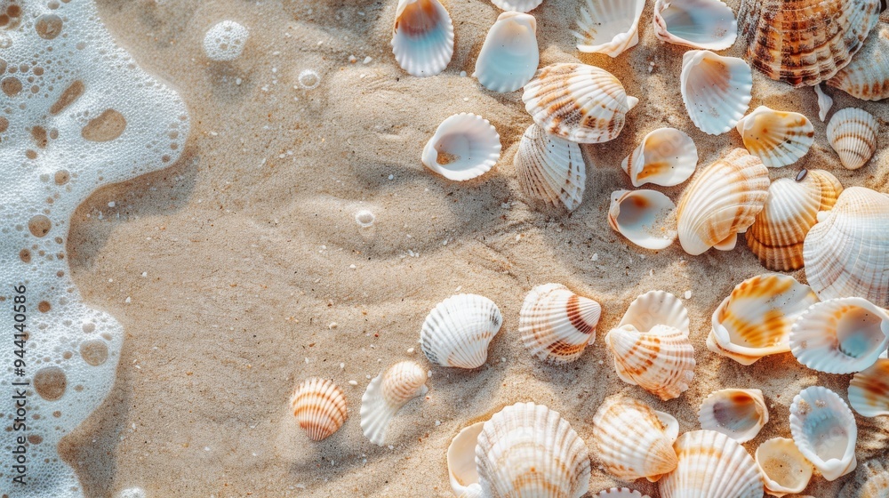 A serene beach scene featuring a variety of seashells scattered across the sand, creating a natural, textured background A serene beach scene featuring a variety of seashells scattered across the sand, creating a natural, textured background