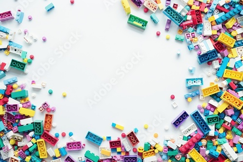 Colorful Plastic Building Blocks Scattered on a White Background