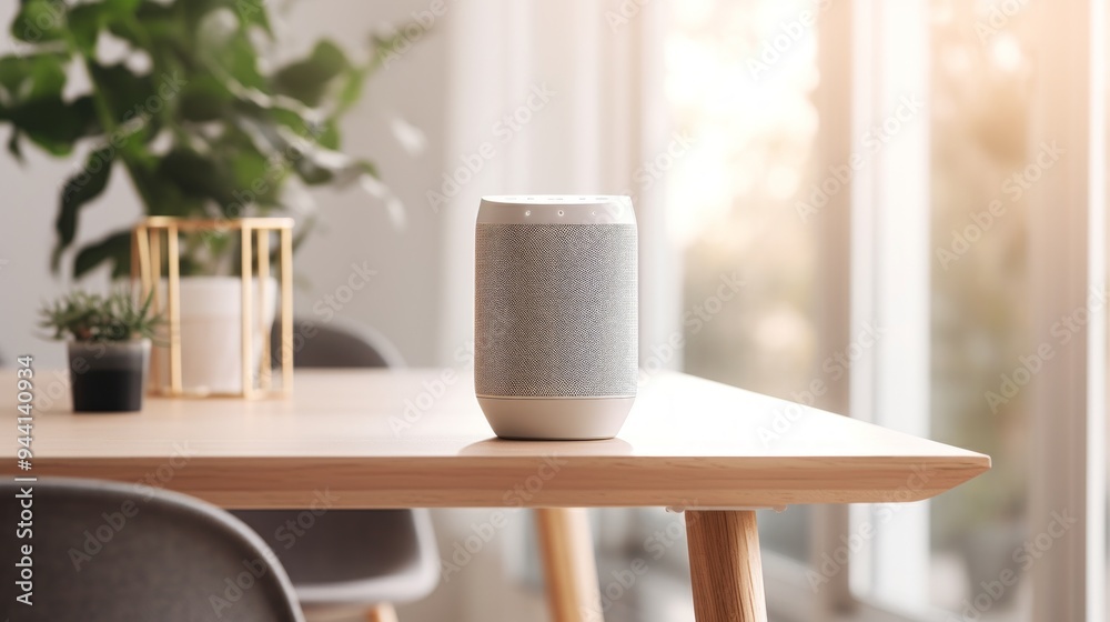 Concept smart Speaker on Wooden Table. Generative AI. Concept smart Speaker on Wooden Table. Generative AI.