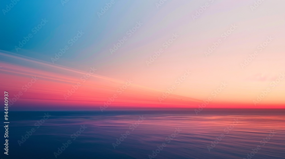A stunning gradient of sunset colors spreads across the sky, with deep reds and soft pinks blending seamlessly into the twilight blue.