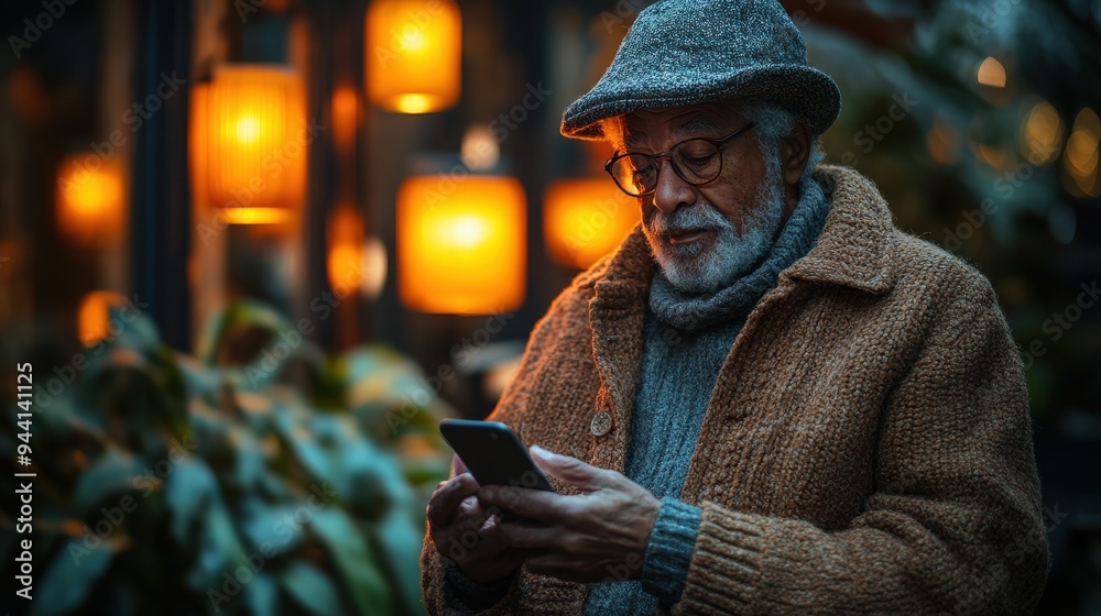 An elderly person comfortably controlling smart home devices from a smartphone An elderly person comfortably controlling smart home devices from a smartphone