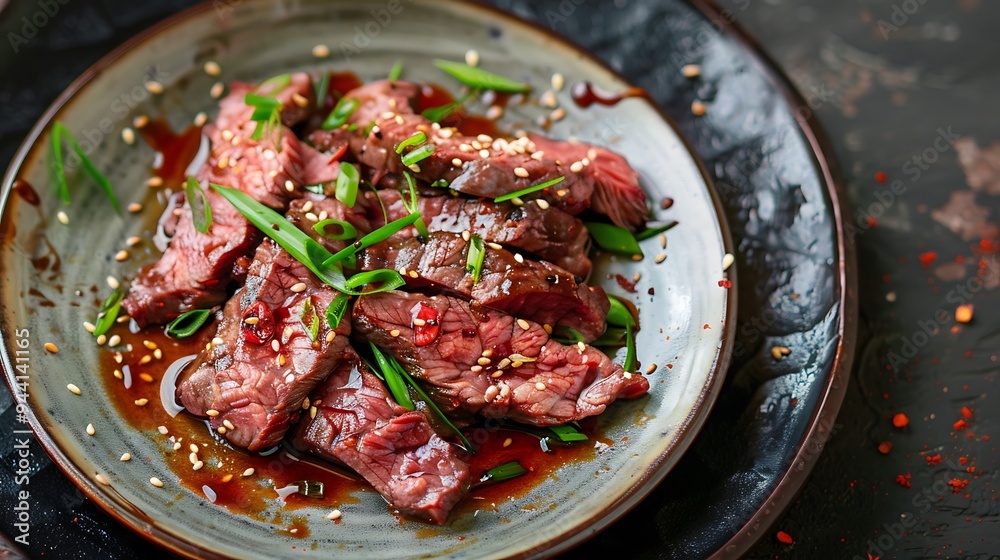 plated dish of bulgogi sliced beef marinated in sauce, garnished with sesame seeds and green onions plated dish of bulgogi sliced beef marinated in sauce, garnished with sesame seeds and green onions