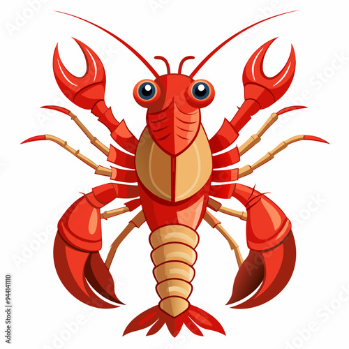 Cartoon Red Crayfish with Large Eyes and Claws
