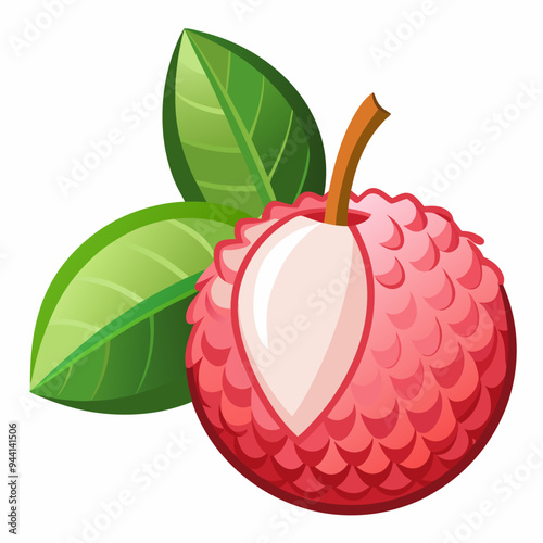 A Single Lychee Fruit with a Half-Opened Shell and Green Leaves