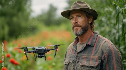 A farmer using a drone equipped with AI for crop monitoring