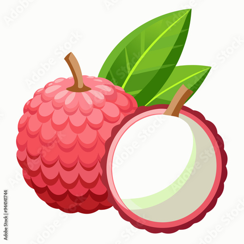 A Whole and Half Lychee Fruit with Green Leaves