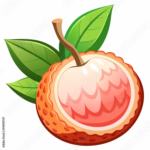 Half of a Lychee Fruit with Green Leaves