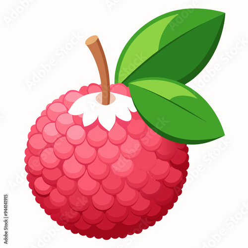 A Single Red Lychee with Green Leaves