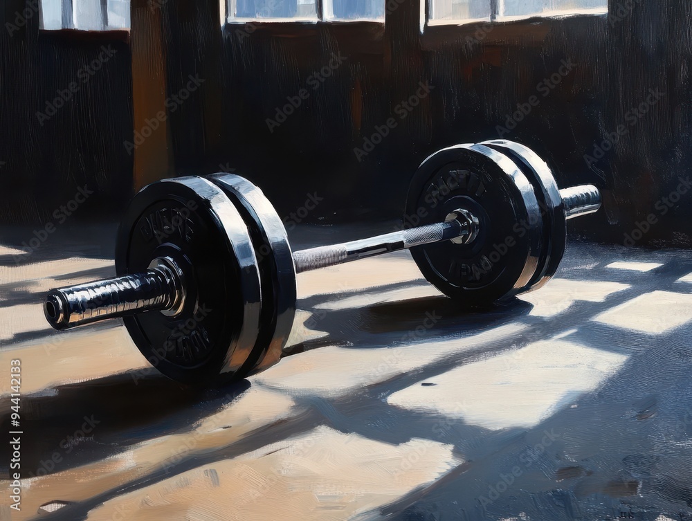 Naklejka premium A close-up view of a barbell resting on the floor in a well-lit gym, symbolizing strength and fitness.