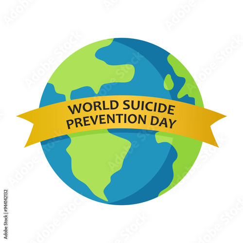 Vector Illustration for World Suicide Prevention Day. Text World Suicide Prevention Day on yellow ribbon and Earth globe on white background.