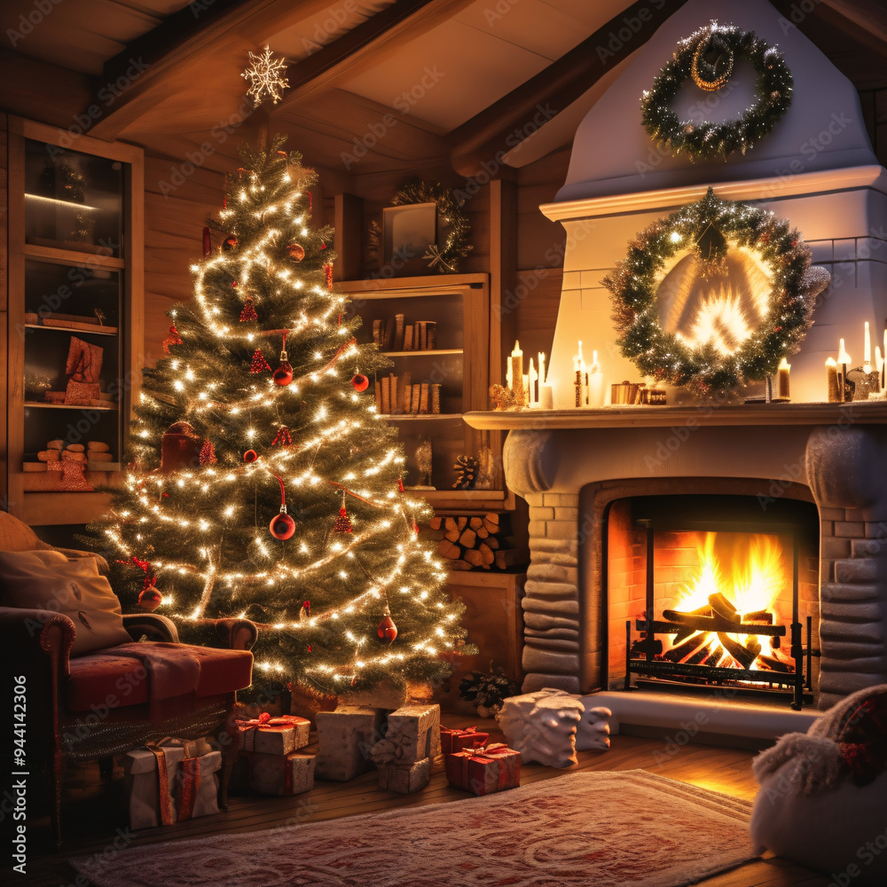 fireplace with Christmas tree, in a warm home, high detailed, 4K, mural, ready to add your text fireplace with Christmas tree, in a warm home, high detailed, 4K, mural, ready to add your text