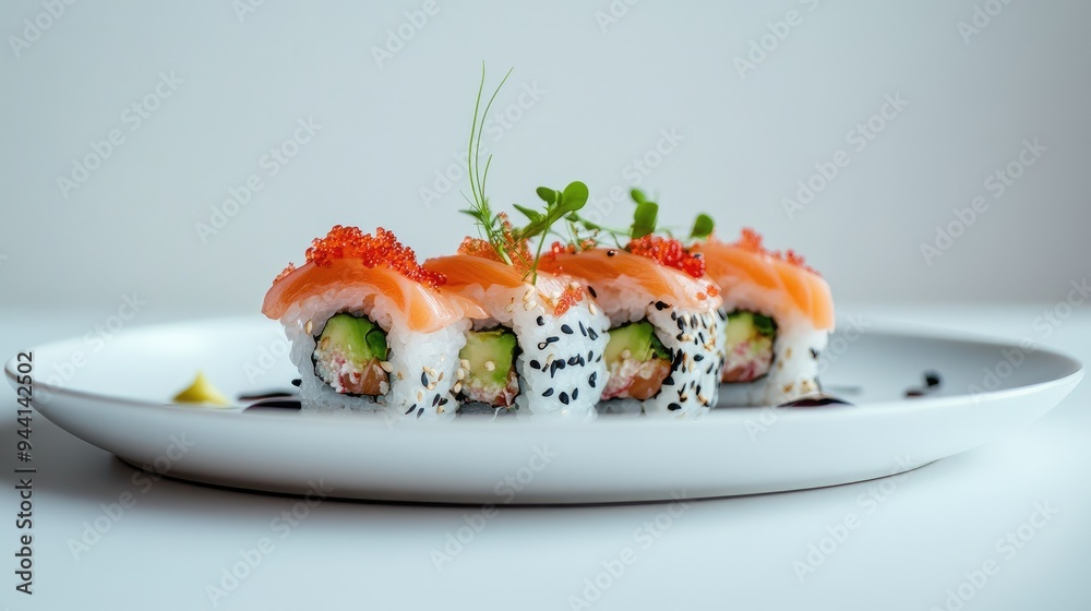 A vibrant close-up of sushi on a white plate, emphasizing the fresh ingredients and artful arrangement against a clean, white background, no people. A vibrant close-up of sushi on a white plate, emphasizing the fresh ingredients and artful arrangement against a clean, white background, no people.