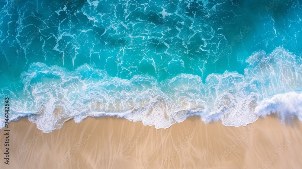 Aerial beach waves with clear blue water and sandy shore with copy space Aerial beach waves with clear blue water and sandy shore with copy space