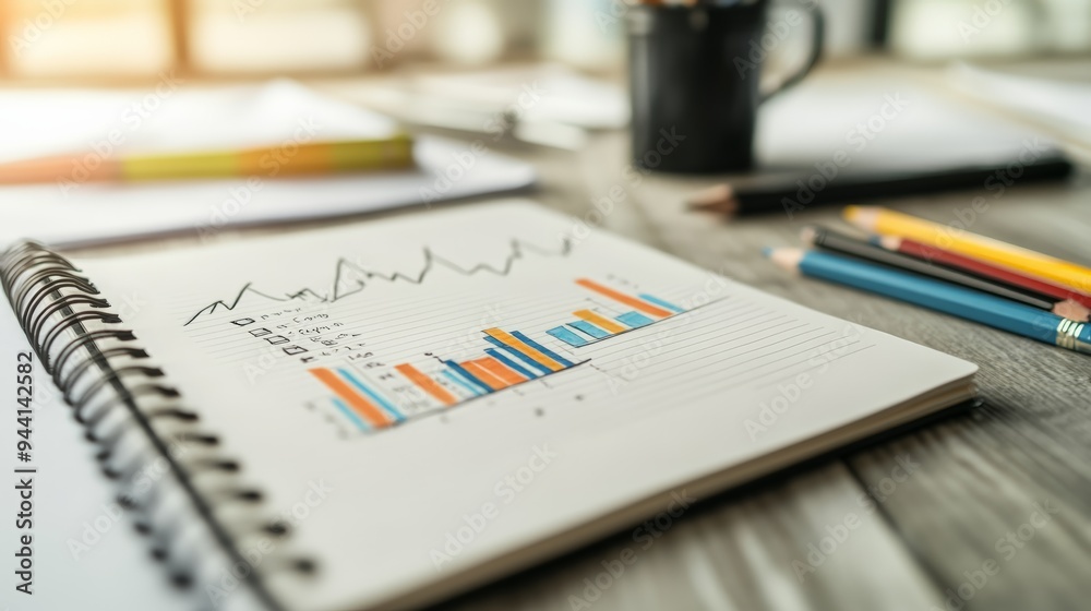 Close-up of a notebook with hand-drawn financial charts surrounded by colorful pencils in a creative workspace. Concept of business planning.