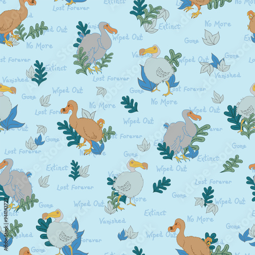 Extinct Dodo Birds with Fauna and Text on a Blue Background creating a seamless pattern print background