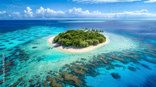 Aerial view of a tropical island with white sandy beaches and vibrant coral reefs