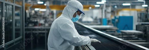 A worker in full cleanroom attire operates machinery in a highly sterile and controlled factory environment. photo