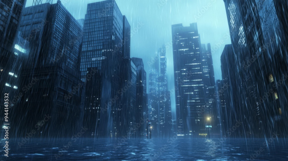 City under a deluge, rain pouring down and water rising rapidly, 3D illustration City under a deluge, rain pouring down and water rising rapidly, 3D illustration