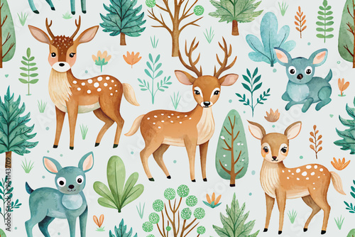 Watercolor Woodland animals seamless pattern. Fabric wallpaper forest with baby deer trees. bird baby animal Nursery backgrouns
