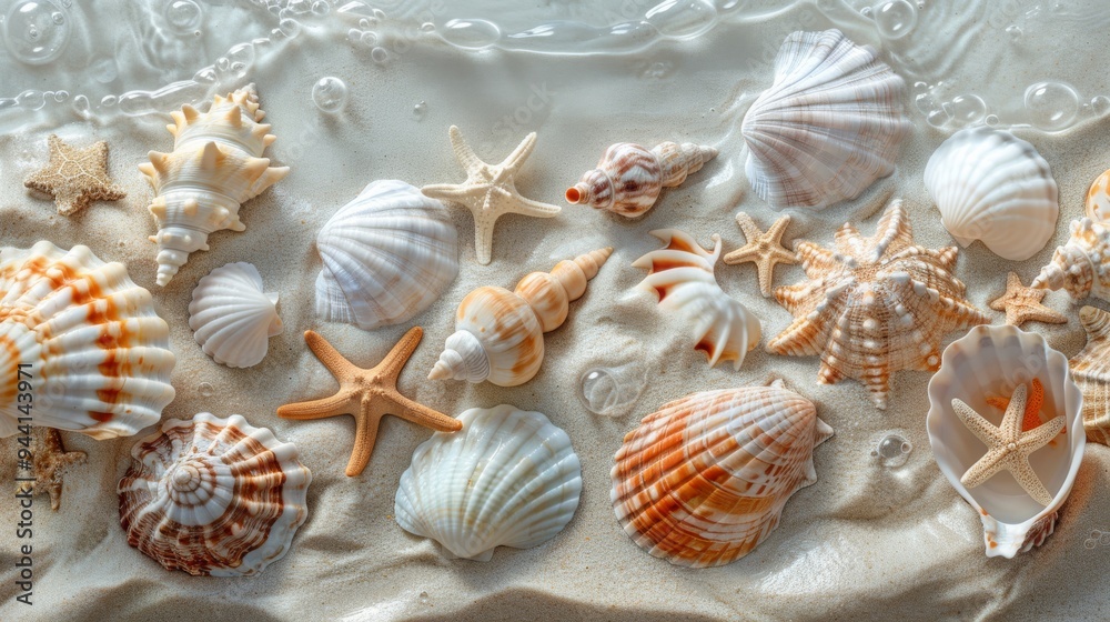 An assortment of seashells, including conchs, scallops, and starfish, arranged artfully on a smooth, sandy surface, evoking a coastal vibe An assortment of seashells, including conchs, scallops, and starfish, arranged artfully on a smooth, sandy surface, evoking a coastal vibe